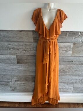 Baltic Born Katia Ruffle Maxi Dress Amber Womens XL Boho Wrap Style Belted New
